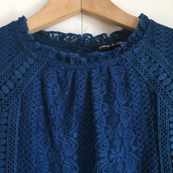 Cable & Gauge Peacock Blue Lacy Short Sleeve Lolita Mock Neck Top - Picture 4 of 16